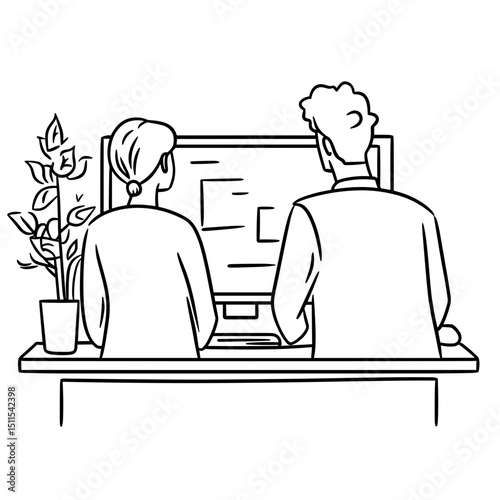 Two employees discussing project details while standing at a computer  