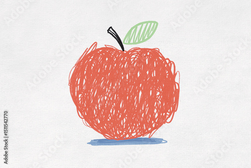 Illustration of a hand-drawn apple with a leaf on a white background photo
