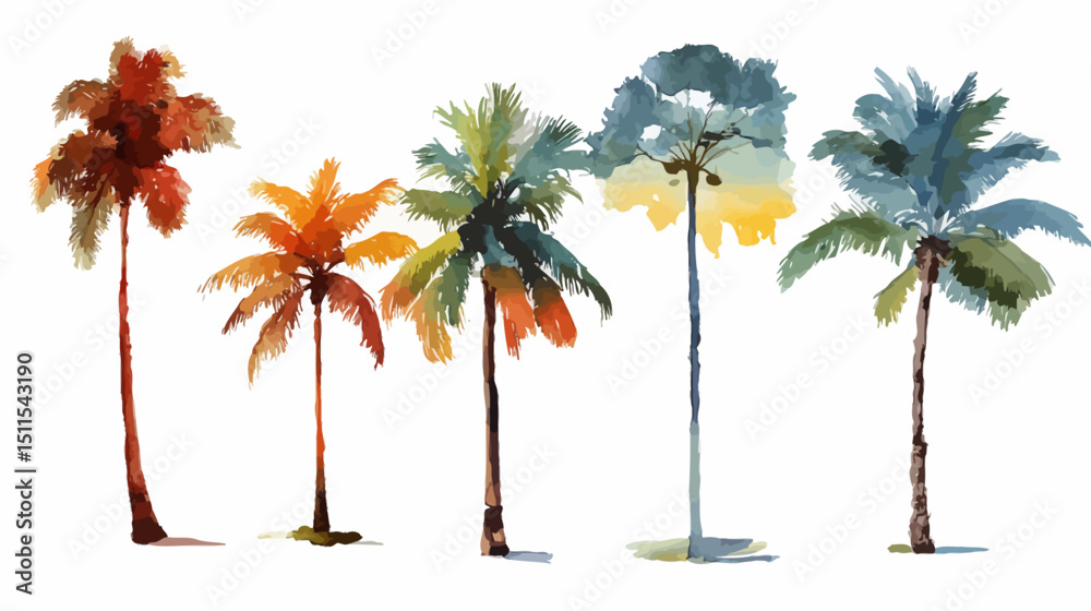 Fototapeta premium Watercolor coconut tree set simple silhouette vector isolated on white background - 