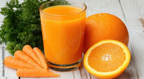 Orange juice and carrots on a white wooden table photo