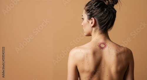 Young woman showing tattoo on her back against beige background