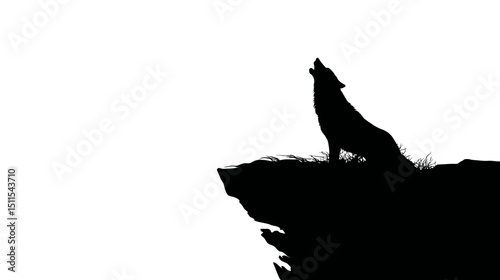 Wolf howling on cliff silhouette vector isolated on white background  -  