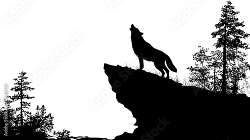 Wolf howling on cliff silhouette vector isolated on white background  -  
