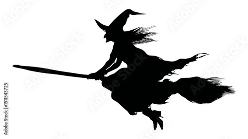 Witch on broom silhouette vector isolated on white background  -  