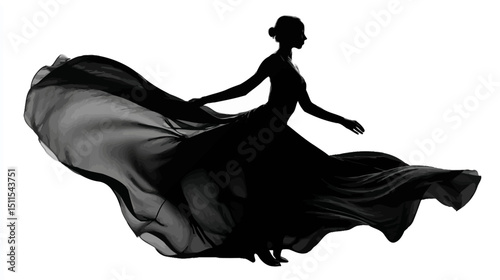 Woman dancing in flowing dress silhouette side view vector isolated on white background  -  