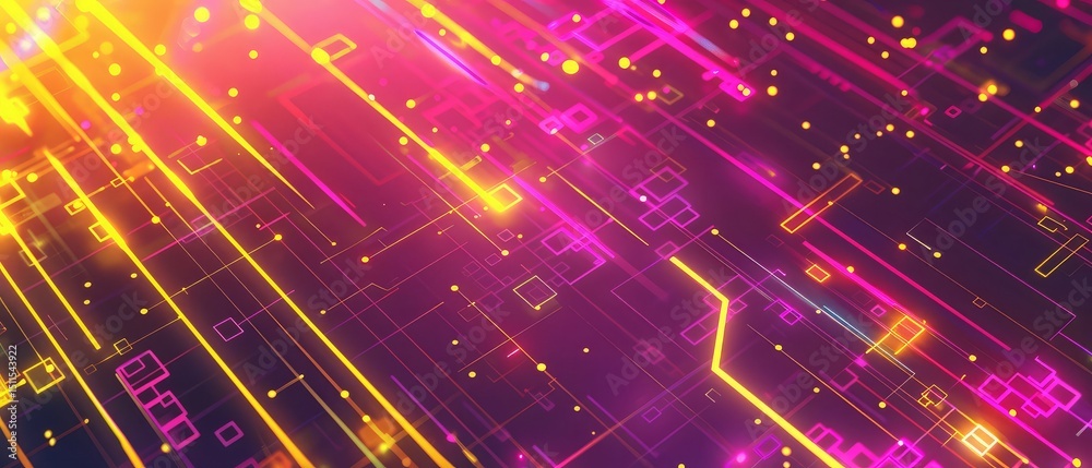 A colorful, neon background with a series of yellow and pink lines and shapes. The background is a mix of squares and circles AI generated A colorful, neon background with a series of yellow and pink lines and shapes. The background is a mix of squares and circles AI generated