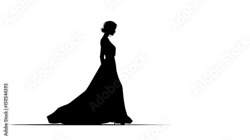 Woman in long dress walking silhouette vector isolated on white background  -  