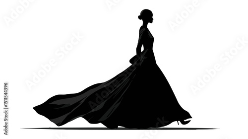 Woman in long dress walking silhouette vector isolated on white background  -  