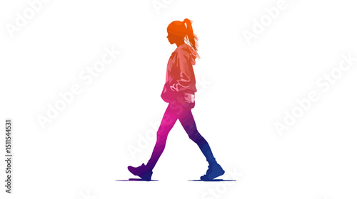Woman with ponytail walking silhouette vector isolated on white background  -  