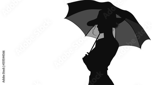 Woman with umbrella silhouette vector isolated on white background  -  