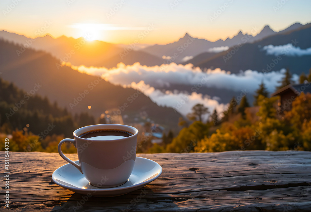 Cup of coffee tea on wooden table with beautiful mountain view at sunrise, vacation peaceful and relaxing atmosphere, Serene Mountain Sunrise Coffee Break. Cup of coffee tea on wooden table with beautiful mountain view at sunrise, vacation peaceful and relaxing atmosphere, Serene Mountain Sunrise Coffee Break.