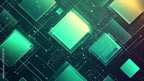 Abstract technology background with glowing green squares and connecting lines movement