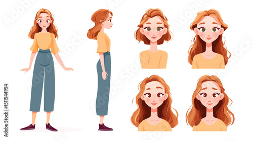 Young girl character creation set simple vector on white background  -  
