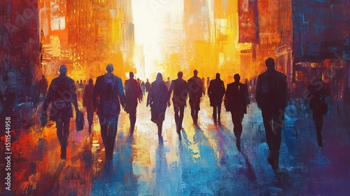 Urban Crowd Walking Towards Bright Future Abstract Painting Business People Cityscape