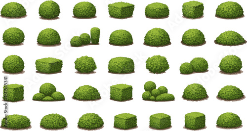 A collection of cartoon hedge illustrations in various shapes, including spheres, cubes, and rounded forms, suitable for landscape or garden design elements.
