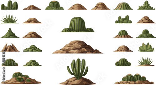 A collection of stylized desert landscape elements including various cacti, succulents, and rocky hills or mounds.