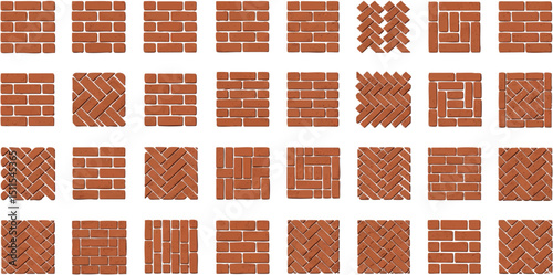 A collection of square tile patterns showcasing various brick arrangements and laying styles in shades of red and brown.