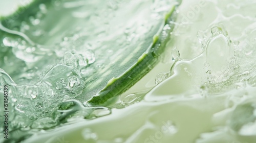 Extreme close-up of fresh aloe vera slice with clear water droplets, soft pastel green background, natural moisture and skincare concept