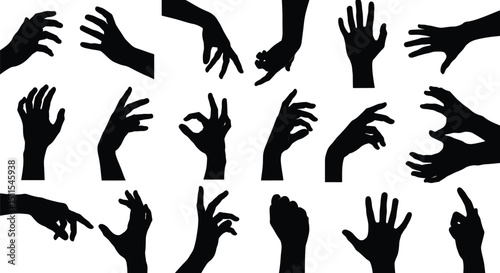 Vector hand and finger silhouettes illustrate a crowd of people with volunteer and charity symbols
