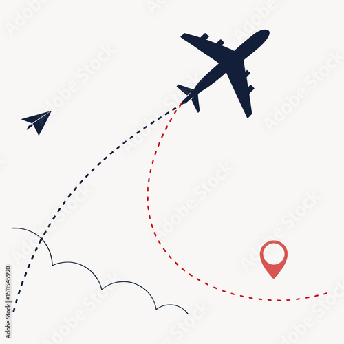 Airplane flight path with paper airplane and destination pin