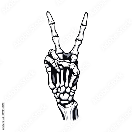 Creating Detailed Vector Skeleton Hand Peace Sign Illustration: Designing Unique Gothic and Halloween Graphics.
