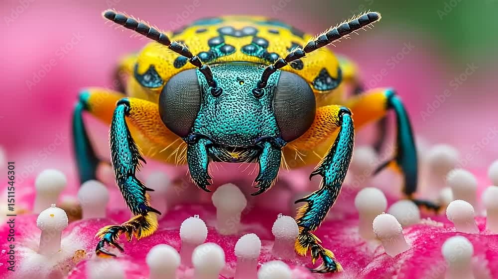 Close-Up of a Jewel Bug Poised on a Pink Flower Head for Stock Footage