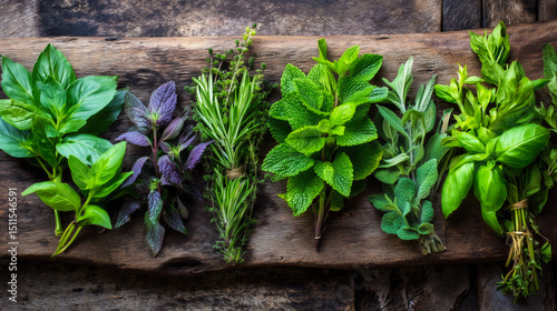 Fresh assorted herbs on rustic wooden background for culinary use.