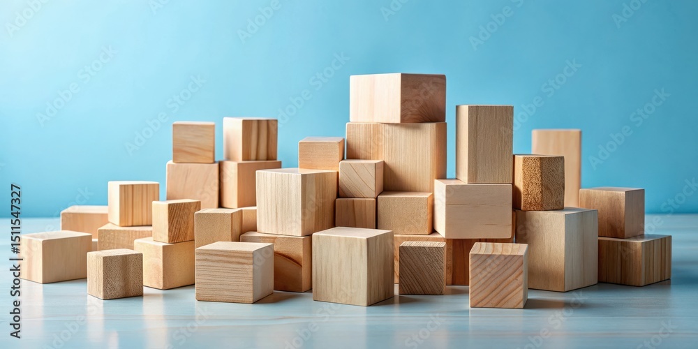 Fototapeta premium An Abstract Composition of Unfinished Light Wooden Cubes Arranged on a Light Table Against a Light Blue Background