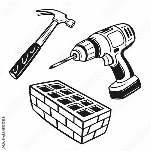 Construction tools hammer drill and brick illustration