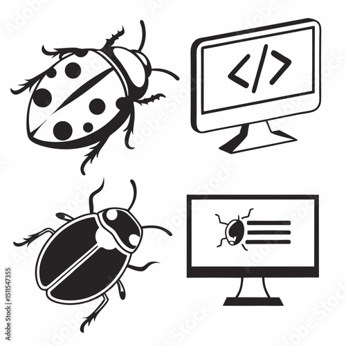 Software bug icons ladybugs and computer screens