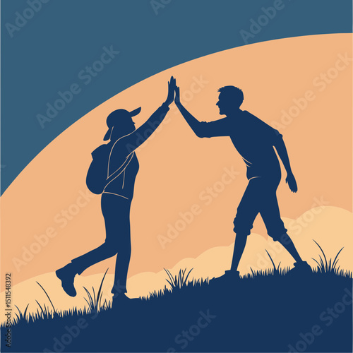 Hikers celebrating success high five on mountain