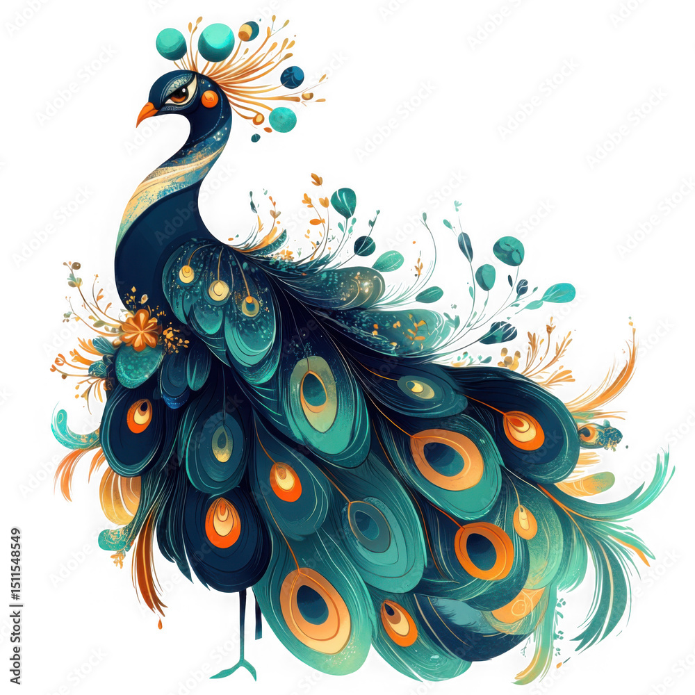 Fototapeta premium Elegant ornate peacock illustration on transparent background