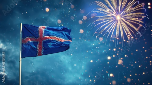 Icelandic national day celebration with fireworks and flag display. Horizontal banner. Copy space. Waving flag of Iceland and fireworks photo