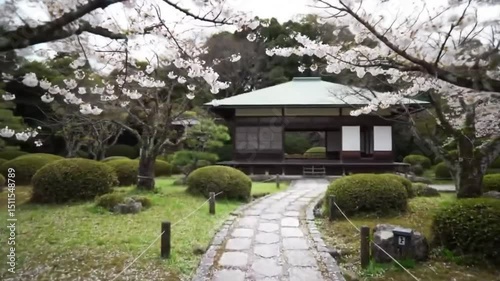 Wallpaper Mural Japanese zen garden with cherry blossoms in full bloom near traditional house Torontodigital.ca