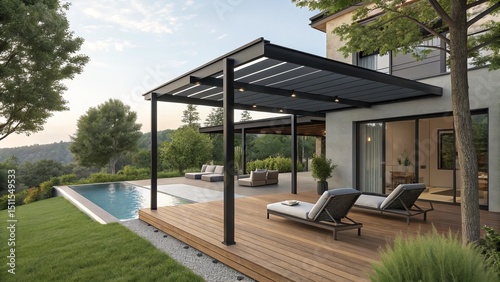 Fototapeta Naklejka Na Ścianę i Meble -  Modern Hillside Home with Pool and Pergola Architectural Visualization, Ipe Deck, Landscape Design, 3D Rendering Keywords Architecture, Exterior Design