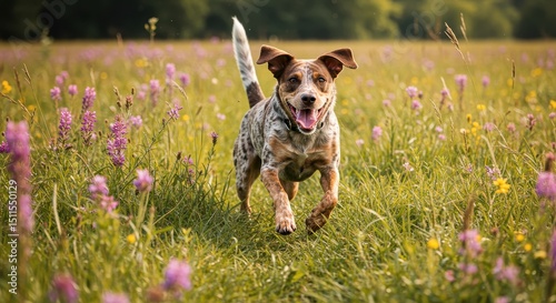 Happy dog running in a vibrant flower field, enjoying nature and sunlight, capturing the essence of joy, freedom, and companionship in a rural setting