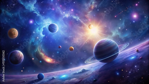 A Celestial Tapestry Vibrant Planets Orbiting a Radiant Star in a Nebula-Filled Cosmos