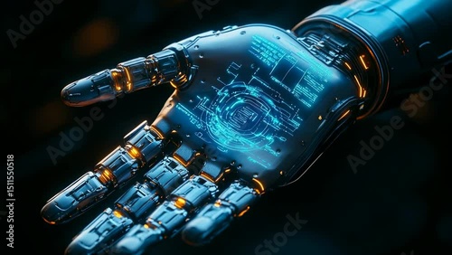 Cyberpunk Robotic Hand: Glowing Digital HUD Detail