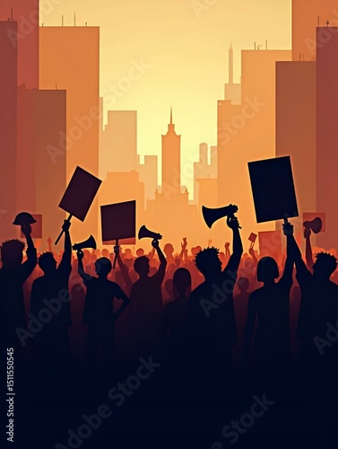 Crowd of people protesters in city. Silhouettes of protesting people with banners, megaphones at cityscape background. Concept of fight for your rights, revolution or protest. Vector illustration.