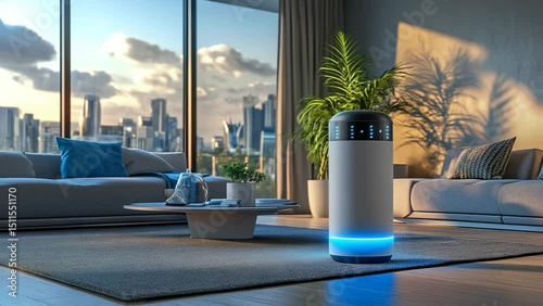 Modern Air Purifier in Chic City Apartment: Serene Sunset Glow