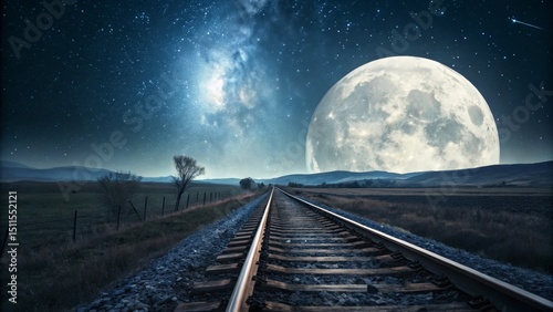 Night Sky Railroad Giant Moon, Starry Galaxy, Landscape Composition, Fantasy, Surrealism Railway, Dreamscape