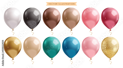 Balloons elegant birthday clipart set. Balloon colorful inflatable elements clip art for birthday, anniversary and wedding graphic elements collection vector illustration. 
