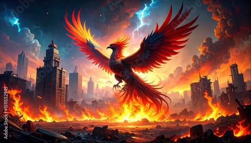 Ruined Cityscape with Fiery Phoenix Symbolizing Hope and Renewal