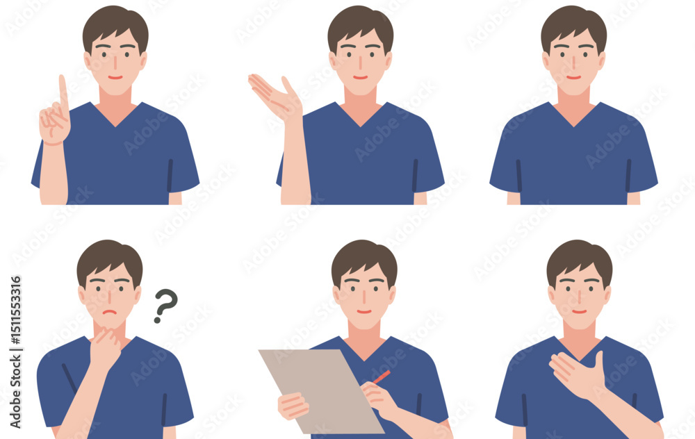 © koga - スクラブ姿の男性 よくあるポーズのセット ベタ塗り © koga - スクラブ姿の男性 よくあるポーズのセット ベタ塗り