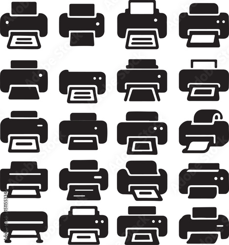 Printer themed silhouettes in solid black style representing various printers scanners and printing tools for design and commercial use.