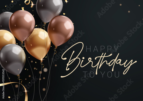 Happy birthday black invitation card clipart design. Birthday greeting and wishes clip art with floating elegant balloons and gold confetti decoration elements vector illustration. 
