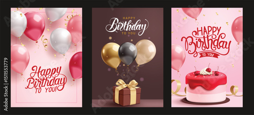 Happy birthday greeting card clipart poster set. Birthday invitation and wishes template clip art collection with floating balloons, gift box and cake decoration elements vector illustration. 
