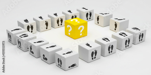 Navigating Uncertainty A Yellow Question Mark Cube Surrounded by Footprint Cubes Illustrating on transparent background