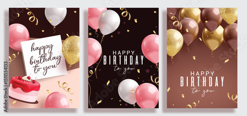 Happy birthday invitation card clipart poster set. Birthday greeting wishes elegant cards clip art collection with balloons and cake decoration elements vector illustration. 
