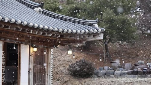 the roof of old temple with snow